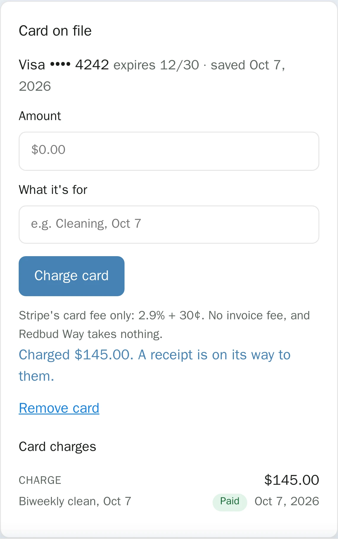 Card on file panel: Visa ending 4242, charged $145.00 for a biweekly clean, marked Paid, receipt on its way
