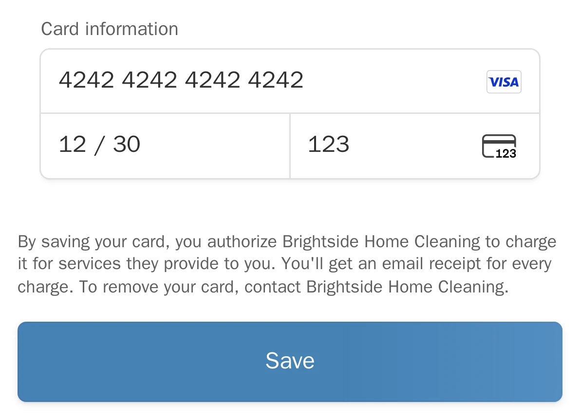 Stripe’s secure page: card number, expiry and CVC, above the line “By saving your card, you authorize Brightside Home Cleaning to charge it for services they provide to you”