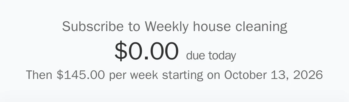 Stripe checkout: subscribe to Weekly house cleaning, $0.00 due today, then $145.00 per week