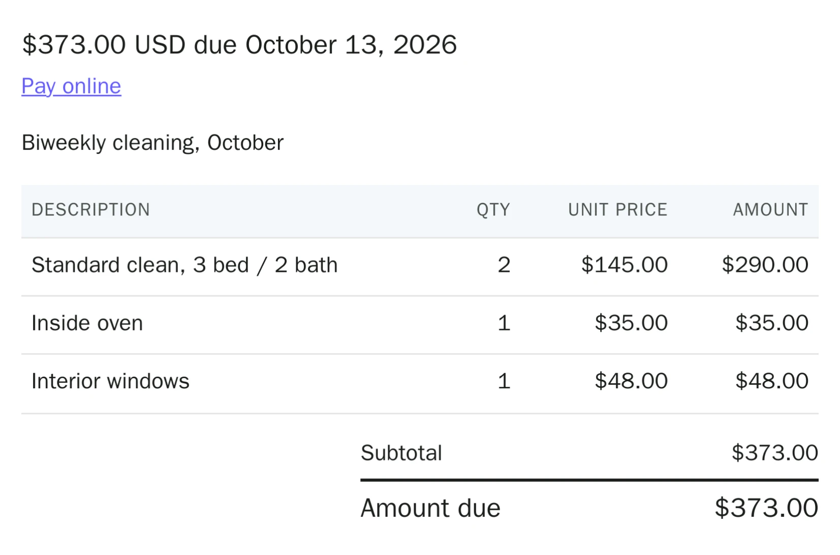 Invoice preview: standard clean twice at $145, inside oven $35, interior windows $48, amount due $373.00