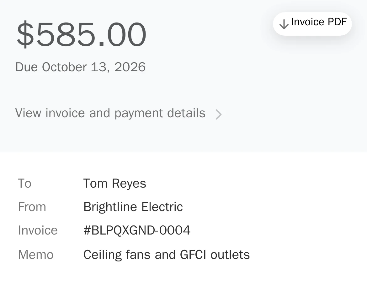 Stripe invoice page on a phone: $585.00 due October 13, from Brightline Electric to Tom Reyes