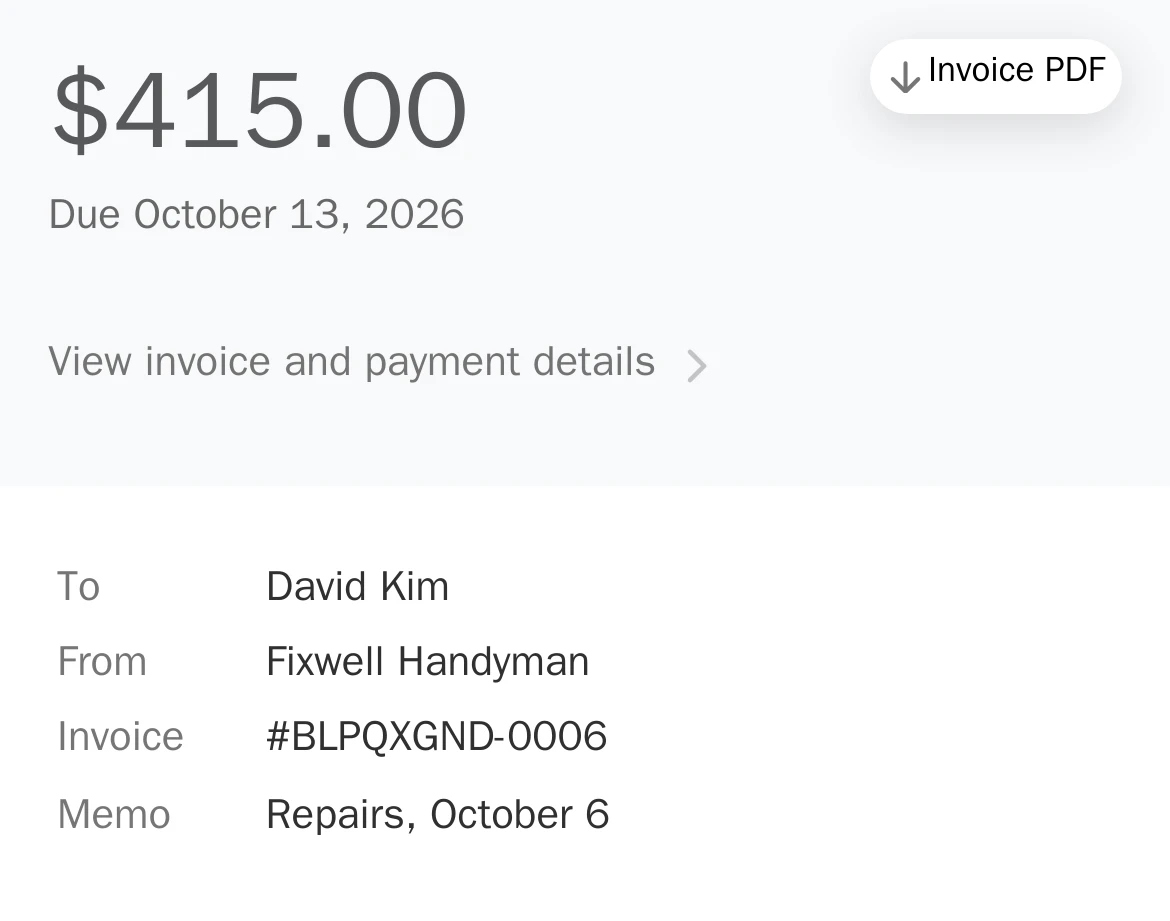 Stripe invoice page on a phone: $415.00 due October 13, from Fixwell Handyman to David Kim