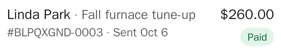 Invoices list: Linda Park, fall furnace tune-up, $260.00, marked Paid