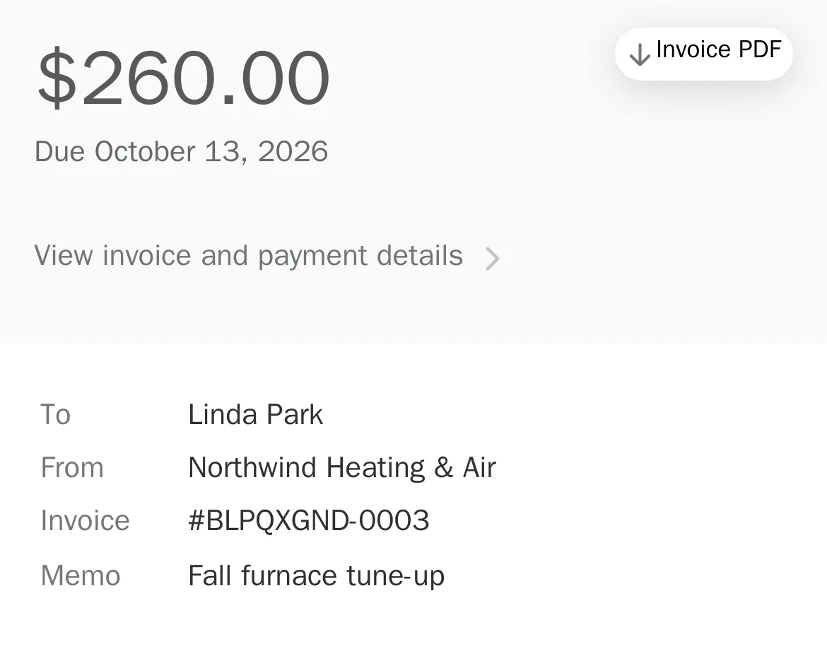 Stripe invoice page on a phone: $260.00 due October 13, from Northwind Heating & Air to Linda Park