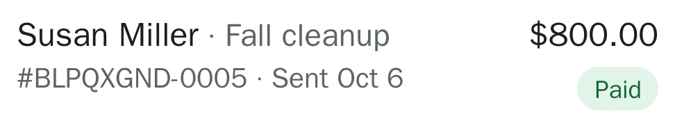 Invoices list: Susan Miller, fall cleanup, $800.00, marked Paid