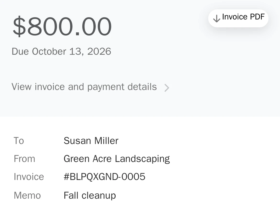 Stripe invoice page on a phone: $800.00 due October 13, from Green Acre Landscaping to Susan Miller