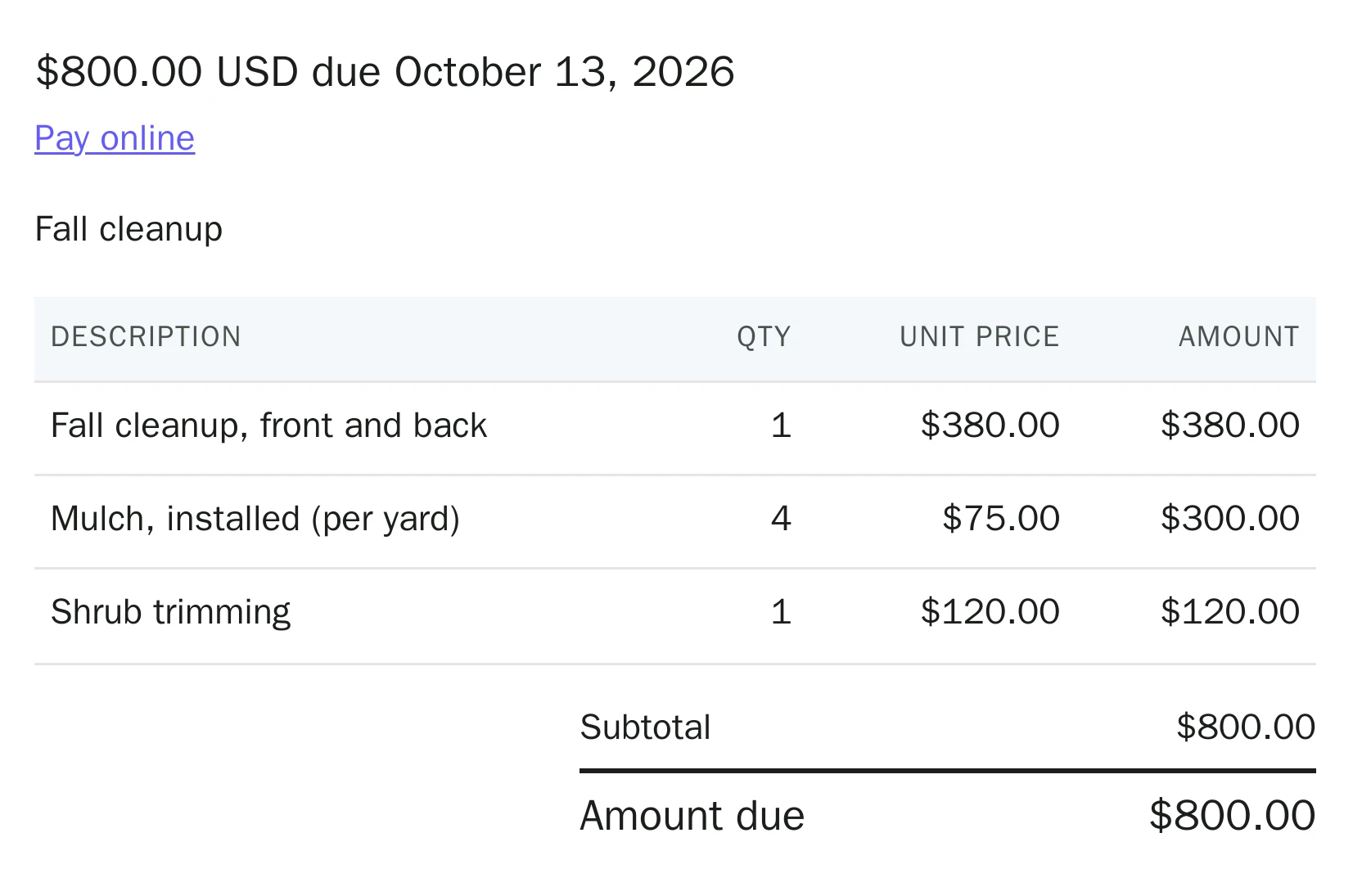 Invoice preview: fall cleanup $380, four yards of mulch installed at $75, shrub trimming $120, amount due $800.00