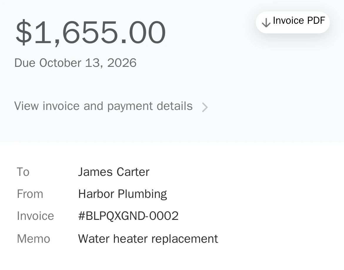 Stripe invoice page on a phone: $1,655.00 due October 13, from Harbor Plumbing to James Carter