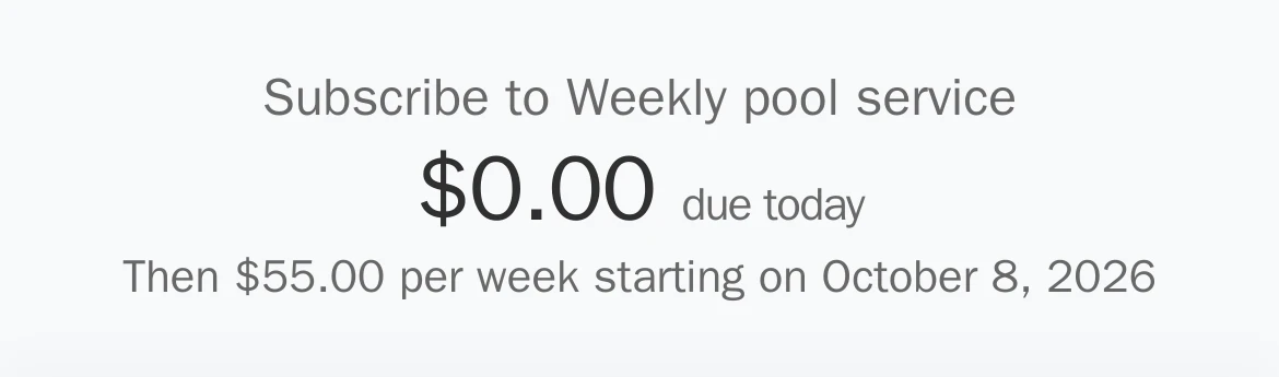 Stripe checkout: subscribe to Weekly pool service, $0.00 due today, then $55.00 per week