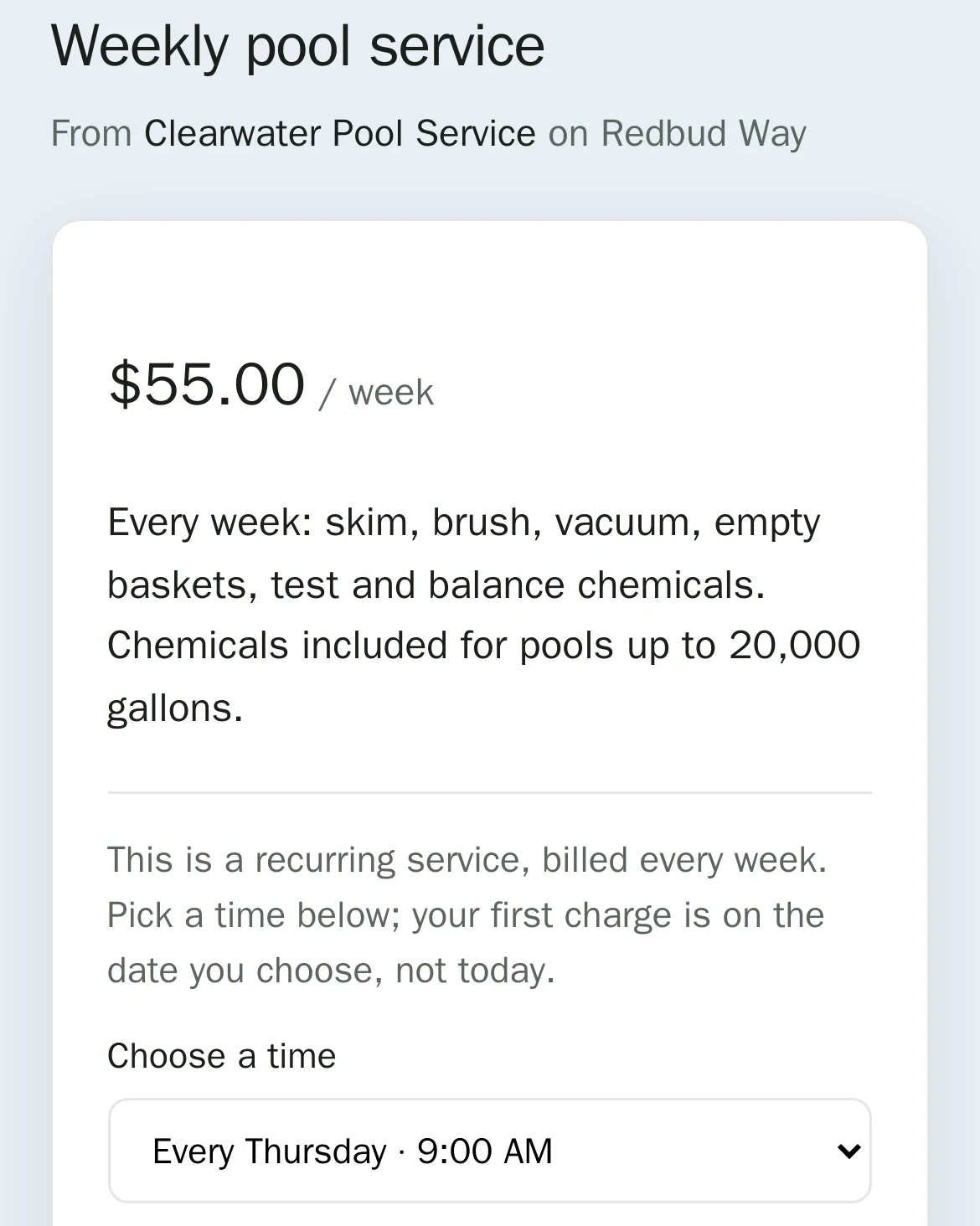 Service page on a phone: Weekly pool service from Clearwater Pool Service, $55.00 a week, every Thursday at 9:00 AM